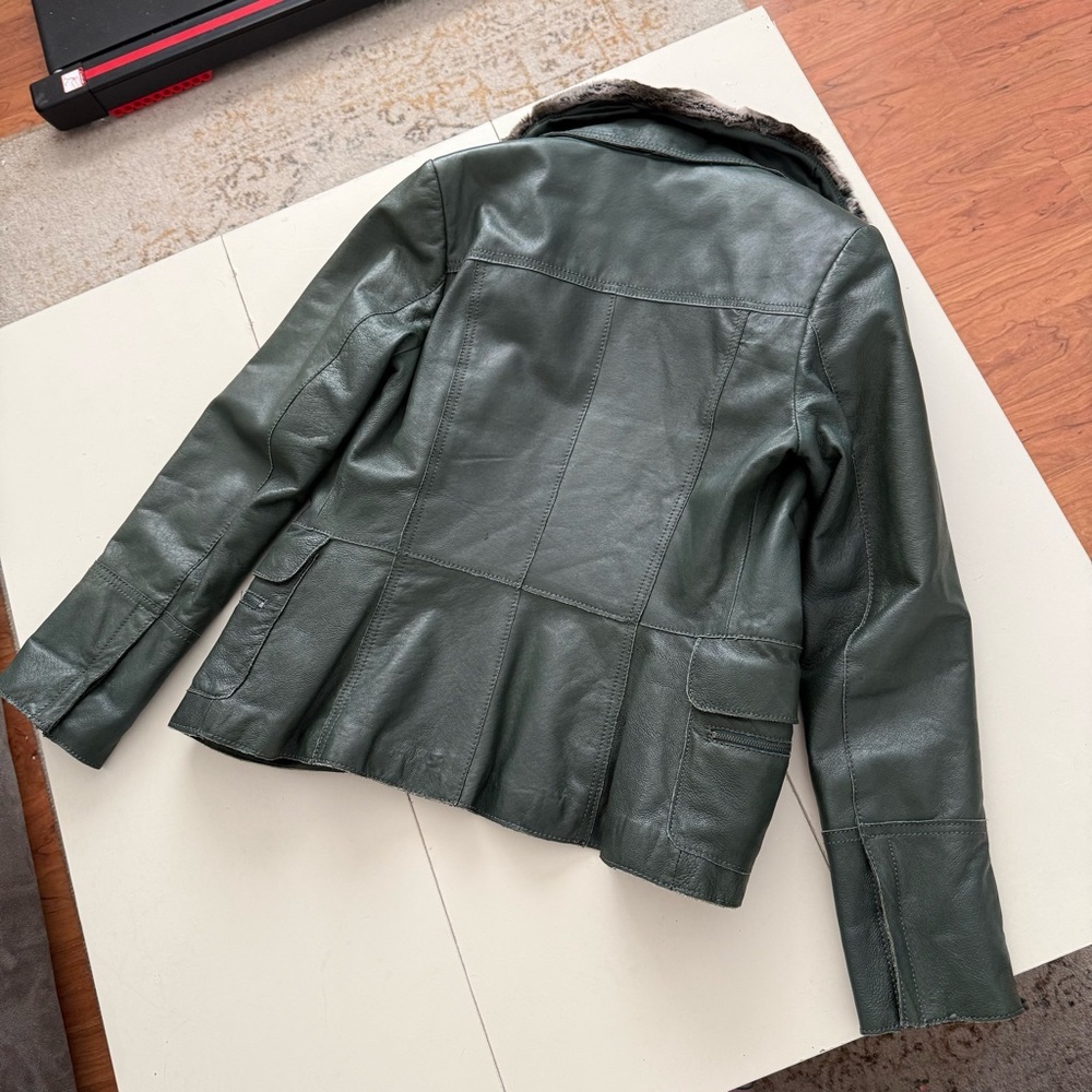DANIER Forest Green Leather Jacket Removable Faux Fur Collar Quilted Lining Luxe - Picture 9 of 9
